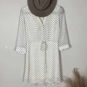 H&M White Black Polka Dot Pleated Bib 3/4 Sleeve Tie Waist Chiffon Mini Dress